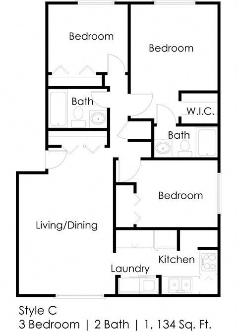 Floor plan for 3 beds, 2 baths, 1058 sqft